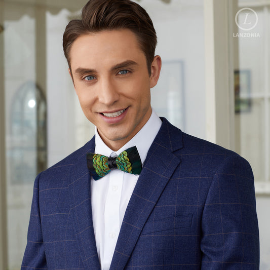 Lanzonia Men's Feather Bow Tie Dark Green Handmade Peacock Bowtie for Wedding Holiday Party