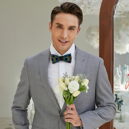 Lanzonia Men's Feather Bow Tie Handmade Peacock Bowtie for Wedding Holiday Party