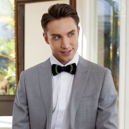 Lanzonia Men's Feather Bow Tie Handmade Black Peacock Bowtie for Wedding Holiday