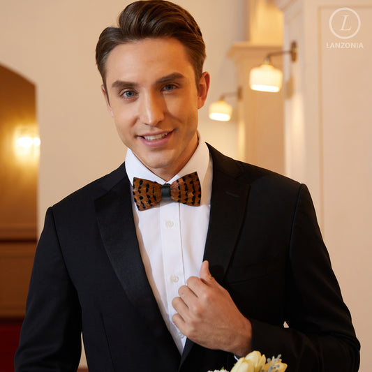 Lanzonia Feather Bowtie Handmade Wedding Brown Mens Bow Tie for Wedding