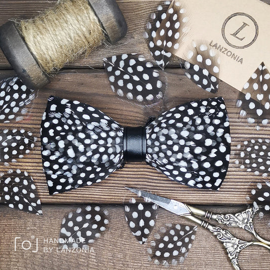 Lanzonia Wedding Feather Bowtie Handmade Polk Dot Black Bow Tie for Mens