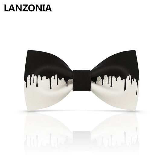 Lanzonia Men's Black and White Bowtie Wedding Ink Pattern Bow Tie - Lanzonia