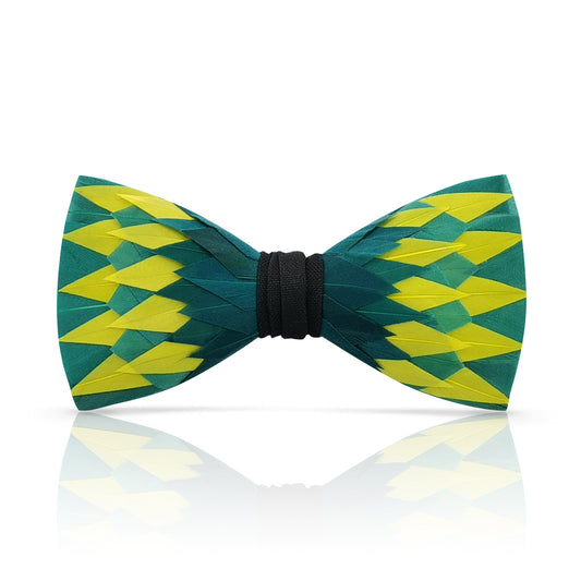 Lanzonia Feather Men's Bowtie Handmade Green and Yellow Bow Tie for Party Holiday Ball Wedding