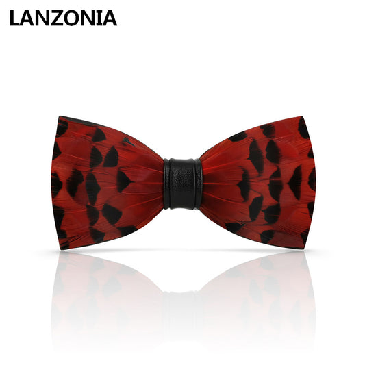 Lanzonia Boy's Bowtie Handmade Feather Red Bow Tie for Kids - Lanzonia