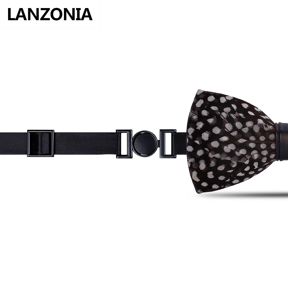 Lanzonia Wedding Feather Handmade Polk Dot Black Bow Tie for Mens - Lanzonia
