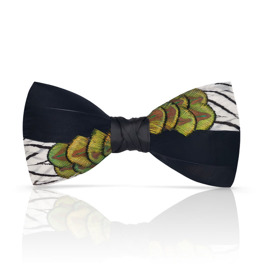 Lanzonia Men's Black and White Feather Bow Tie Handmade Peacock Bowtie for Wedding Holiday Party