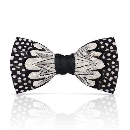 Lanzonia Men's Feather Bow Tie Handmade White and Black Polka Dot Bowtie for Wedding Holiday