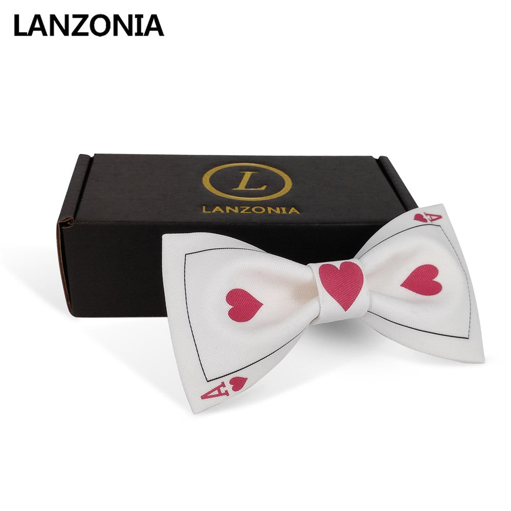 Lanzonia Men's Luncky Wedding Bowtie A of Hearts Poker Print Bow Tie - Lanzonia